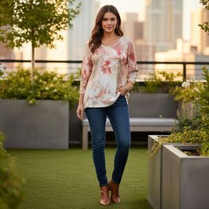 Alfred Dunner Beige & Pink Floral Beaded Applique Top Size XL